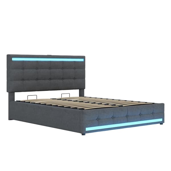 Verhoilusänky 140x200 cm LED-valaistuksella, suuri säilytystila, 2 USB-porttia, säädettävä sängynpääty, pellavaverhoiltu, harmaa