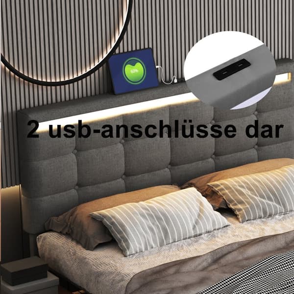 Verhoilusänky 140x200 cm LED-valaistuksella, suuri säilytystila, 2 USB-porttia, säädettävä sängynpääty, pellavaverhoiltu, harmaa