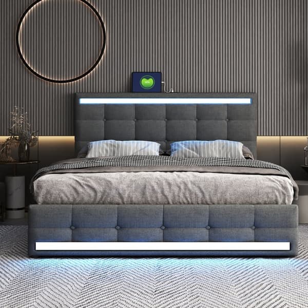 Verhoilusänky 140x200 cm LED-valaistuksella, suuri säilytystila, 2 USB-porttia, säädettävä sängynpääty, pellavaverhoiltu, harmaa