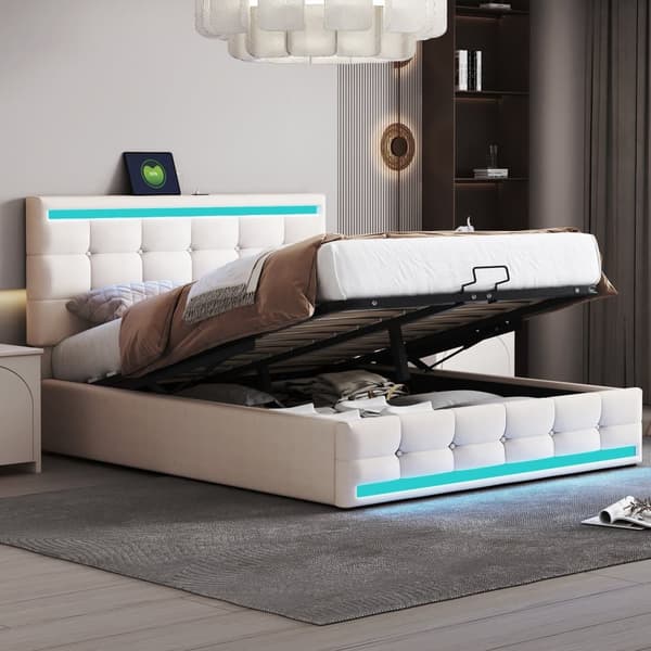 Polstret seng 140x200 cm med LED-belysning, 2 USB-porte, justerbar sengegavl, stor opbevaringsplads, betrukket med hør, beige