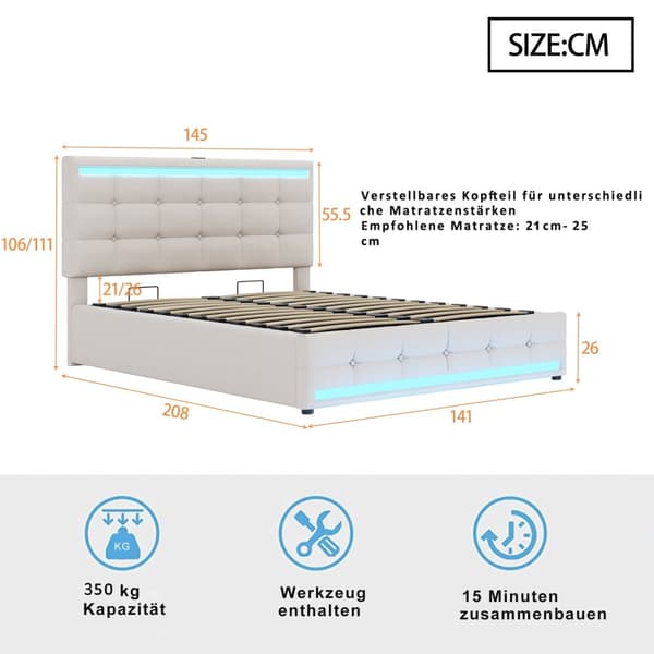 Polstret seng 140x200 cm med LED-belysning, 2 USB-porte, justerbar sengegavl, stor opbevaringsplads, betrukket med hør, beige