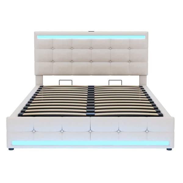Polstret seng 140x200 cm med LED-belysning, 2 USB-porte, justerbar sengegavl, stor opbevaringsplads, betrukket med hør, beige