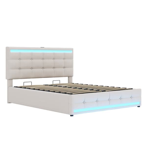 Polstret seng 140x200 cm med LED-belysning, 2 USB-porte, justerbar sengegavl, stor opbevaringsplads, betrukket med hør, beige