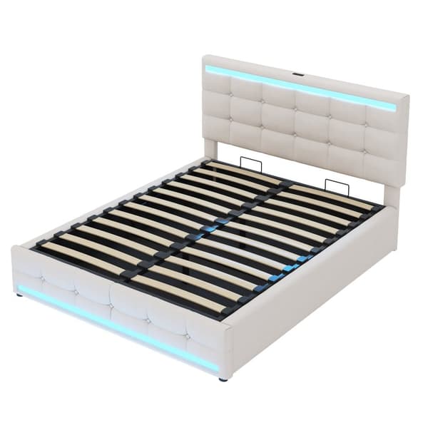 Polstret seng 140x200 cm med LED-belysning, 2 USB-porte, justerbar sengegavl, stor opbevaringsplads, betrukket med hør, beige