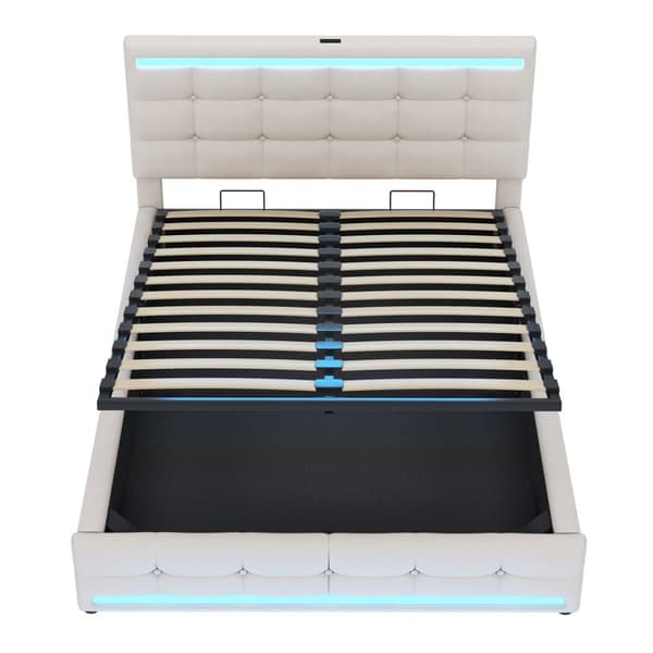 Polstret seng 140x200 cm med LED-belysning, 2 USB-porte, justerbar sengegavl, stor opbevaringsplads, betrukket med hør, beige