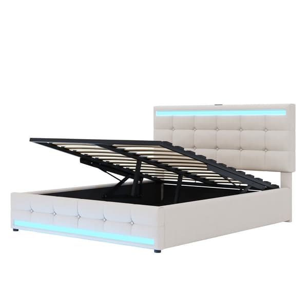 Polstret seng 140x200 cm med LED-belysning, 2 USB-porte, justerbar sengegavl, stor opbevaringsplads, betrukket med hør, beige