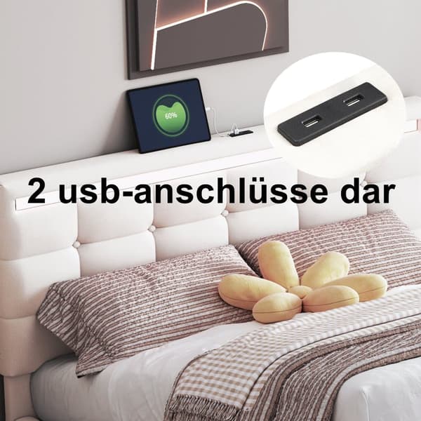 Polstret seng 140x200 cm med LED-belysning, 2 USB-porte, justerbar sengegavl, stor opbevaringsplads, betrukket med hør, beige
