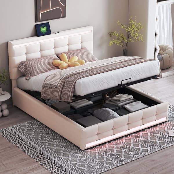 Polstret seng 140x200 cm med LED-belysning, 2 USB-porte, justerbar sengegavl, stor opbevaringsplads, betrukket med hør, beige