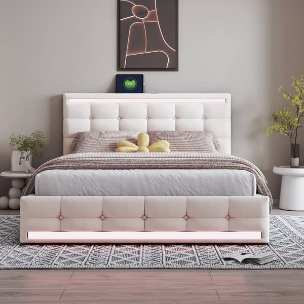 Polstret seng 140x200 cm med LED-belysning, 2 USB-porte, justerbar sengegavl, stor opbevaringsplads, betrukket med hør, beige