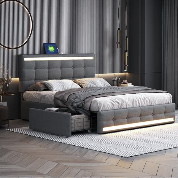 Polstret seng 140x200 cm med LED-belysning, 4 opbevaringsskuffer og 2 USB-porte – Sengeramme med oplyst sengegavl og fodgærde – Grå