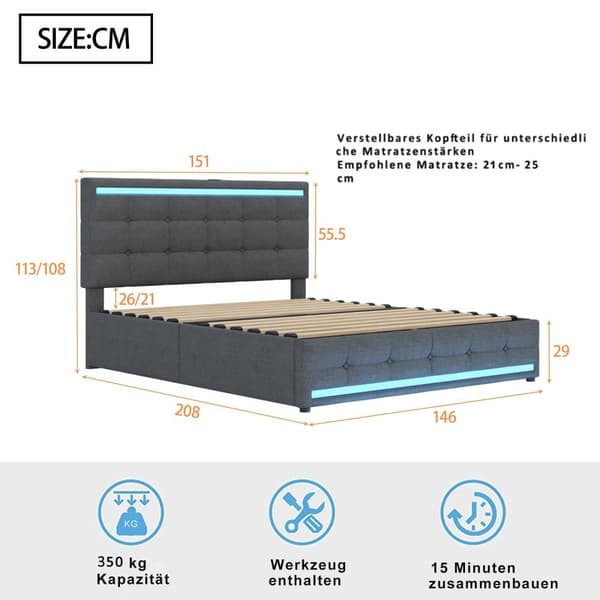 Polstret seng 140x200 cm med LED-belysning, 4 opbevaringsskuffer og 2 USB-porte – Sengeramme med oplyst sengegavl og fodgærde – Grå