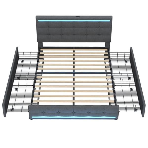 Polstret seng 140x200 cm med LED-belysning, 4 opbevaringsskuffer og 2 USB-porte – Sengeramme med oplyst sengegavl og fodgærde – Grå