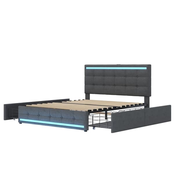 Polstret seng 140x200 cm med LED-belysning, 4 opbevaringsskuffer og 2 USB-porte – Sengeramme med oplyst sengegavl og fodgærde – Grå