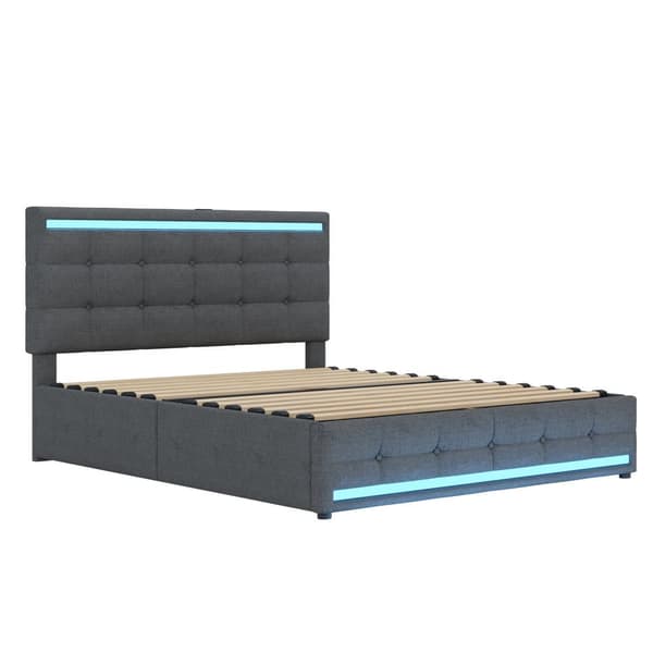 Polstret seng 140x200 cm med LED-belysning, 4 opbevaringsskuffer og 2 USB-porte – Sengeramme med oplyst sengegavl og fodgærde – Grå