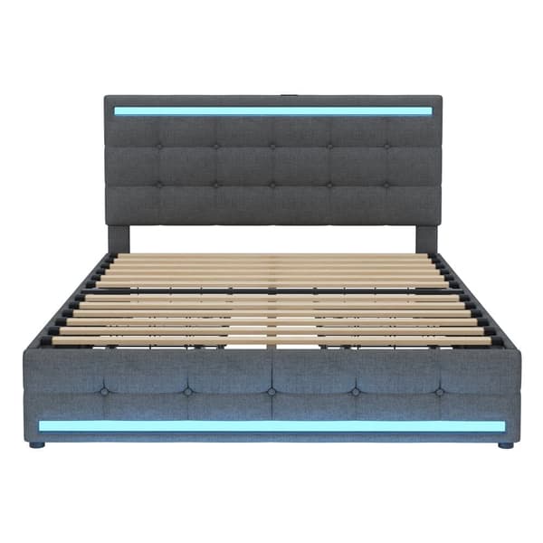 Polstret seng 140x200 cm med LED-belysning, 4 opbevaringsskuffer og 2 USB-porte – Sengeramme med oplyst sengegavl og fodgærde – Grå