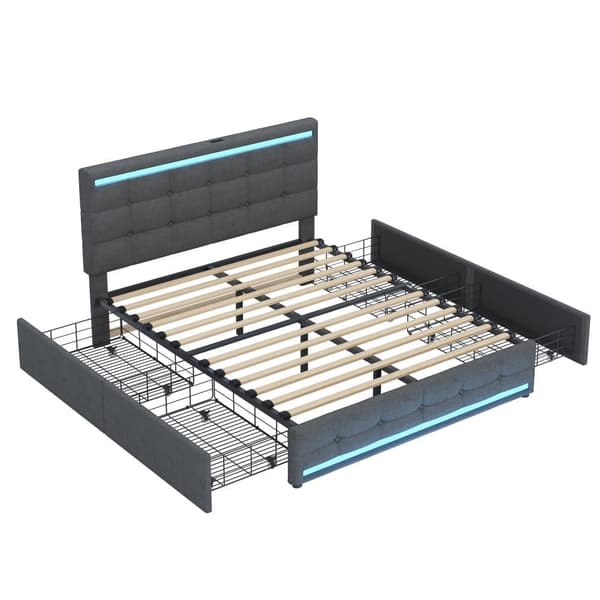Polstret seng 140x200 cm med LED-belysning, 4 opbevaringsskuffer og 2 USB-porte – Sengeramme med oplyst sengegavl og fodgærde – Grå
