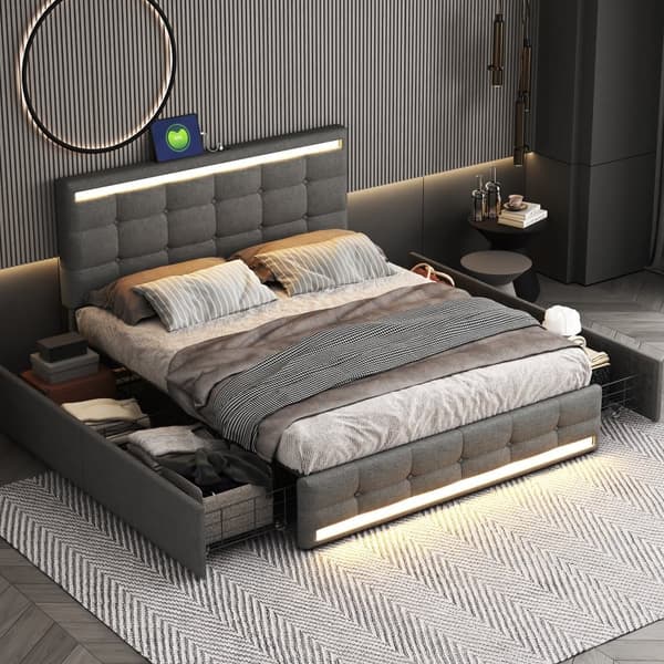 Polstret seng 140x200 cm med LED-belysning, 4 opbevaringsskuffer og 2 USB-porte – Sengeramme med oplyst sengegavl og fodgærde – Grå