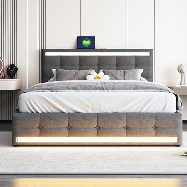 Polstret seng 140x200 cm med LED-belysning, 4 opbevaringsskuffer og 2 USB-porte – Sengeramme med oplyst sengegavl og fodgærde – Grå