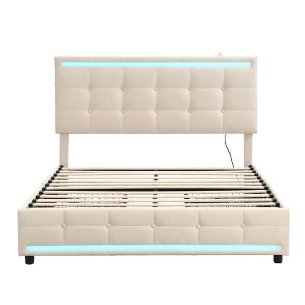 Verhoilusänky 140x200 cm LED-valaistuksella, 4 säilytyslaatikkoa ja 2 USB-porttia – Beigeä pellavakangasta valmistettu tasosänky