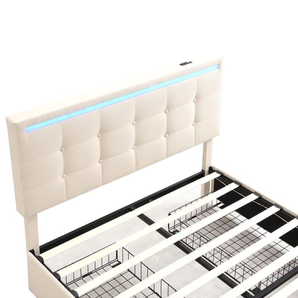 Verhoilusänky 140x200 cm LED-valaistuksella, 4 säilytyslaatikkoa ja 2 USB-porttia – Beigeä pellavakangasta valmistettu tasosänky