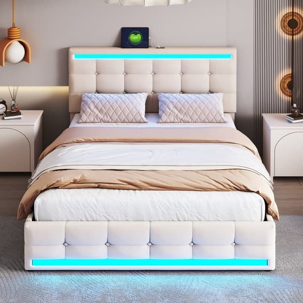 Verhoilusänky 140x200 cm LED-valaistuksella, 4 säilytyslaatikkoa ja 2 USB-porttia – Beigeä pellavakangasta valmistettu tasosänky