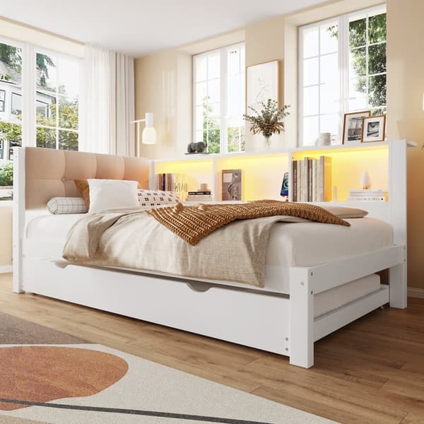 Bäddsoffa 90x200 cm - Enkelsäng - Med sängkista - Med LED-list - Med hylla - Med USB-anslutning - Furu - Vit (utan madrass)