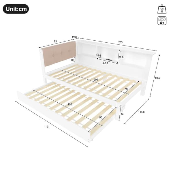 Bäddsoffa 90x200 cm - Enkelsäng - Med sängkista - Med LED-list - Med hylla - Med USB-anslutning - Furu - Vit (utan madrass)