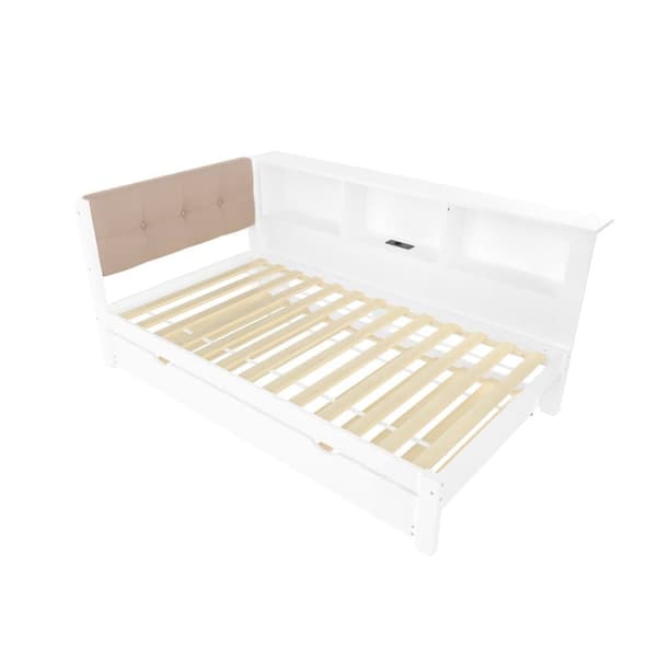 Bäddsoffa 90x200 cm - Enkelsäng - Med sängkista - Med LED-list - Med hylla - Med USB-anslutning - Furu - Vit (utan madrass)