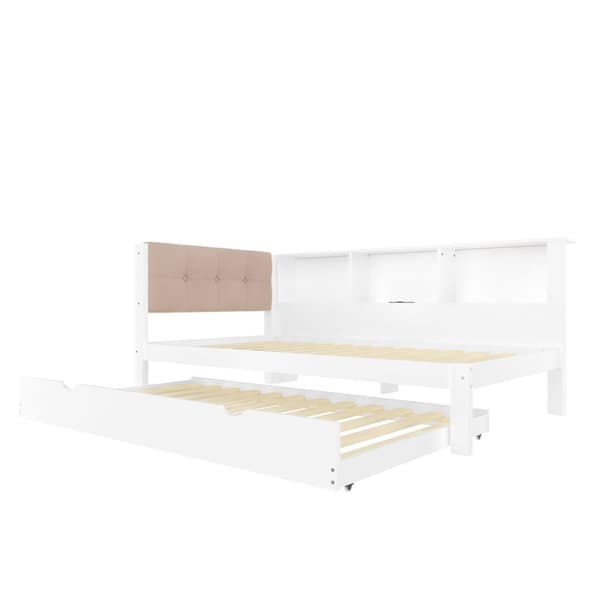 Bäddsoffa 90x200 cm - Enkelsäng - Med sängkista - Med LED-list - Med hylla - Med USB-anslutning - Furu - Vit (utan madrass)