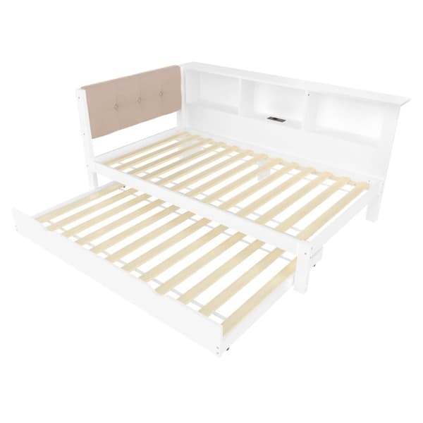 Bäddsoffa 90x200 cm - Enkelsäng - Med sängkista - Med LED-list - Med hylla - Med USB-anslutning - Furu - Vit (utan madrass)