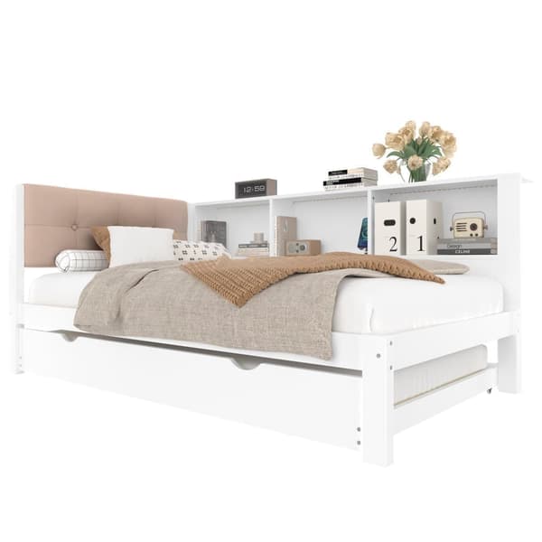 Bäddsoffa 90x200 cm - Enkelsäng - Med sängkista - Med LED-list - Med hylla - Med USB-anslutning - Furu - Vit (utan madrass)