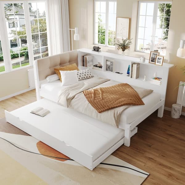 Bäddsoffa 90x200 cm - Enkelsäng - Med sängkista - Med LED-list - Med hylla - Med USB-anslutning - Furu - Vit (utan madrass)