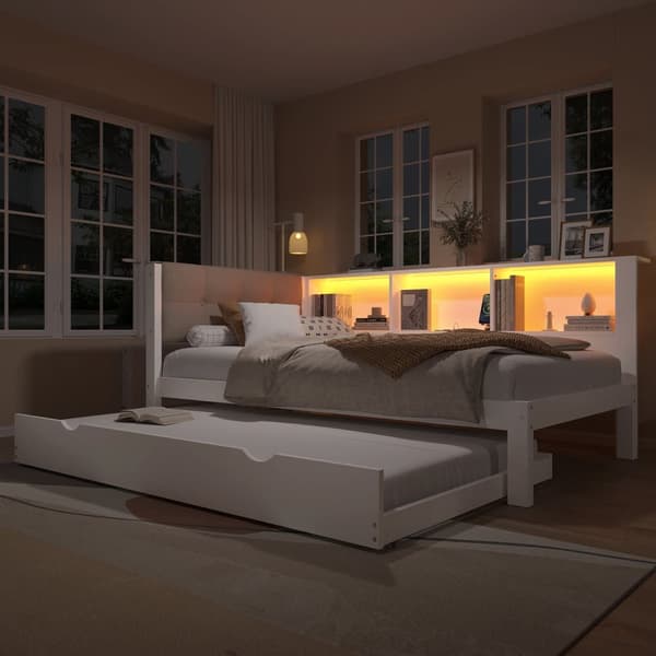 Bäddsoffa 90x200 cm - Enkelsäng - Med sängkista - Med LED-list - Med hylla - Med USB-anslutning - Furu - Vit (utan madrass)