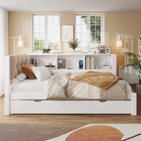 Bäddsoffa 90x200 cm - Enkelsäng - Med sängkista - Med LED-list - Med hylla - Med USB-anslutning - Furu - Vit (utan madrass)