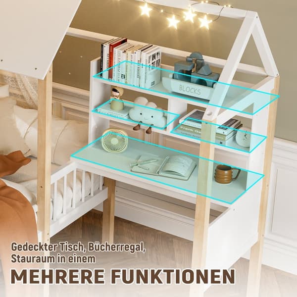 Multifunktionel juniorseng 90x200 cm i massivt træ – med beskyttende kanter, L-formet skrivebord, reol og opbevaringsskuffer på hjul – hvid