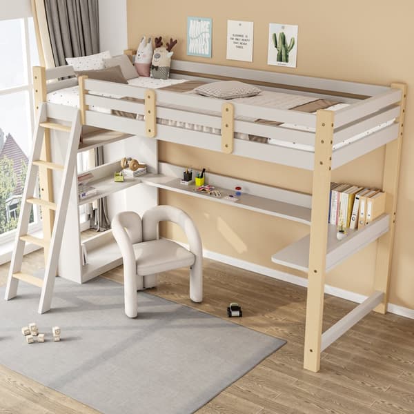 Loftsäng barn 90x200 cm i massivträ – vit högsäng med säkerhetsskenor, sned stege, skrivbord & hyllor – multifunktionell familjesäng med ribbotten