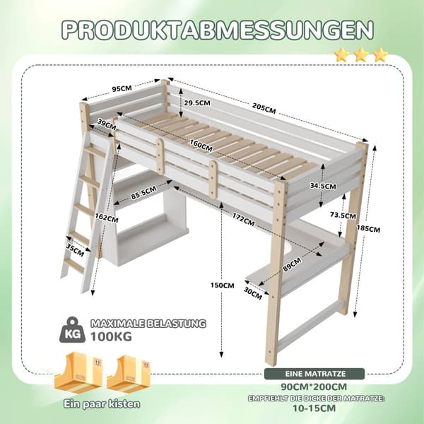 Loftsäng barn 90x200 cm i massivträ – vit högsäng med säkerhetsskenor, sned stege, skrivbord & hyllor – multifunktionell familjesäng med ribbotten