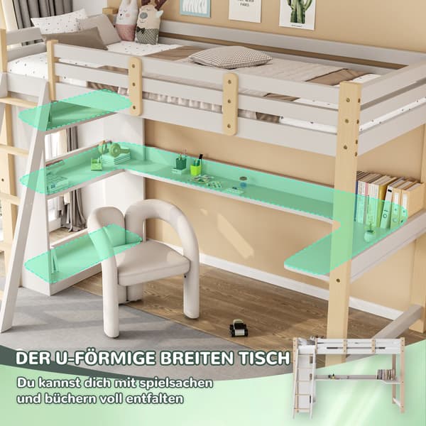 Børneloftseng 90x200 cm i massivt træ – hvid højseng med sengehest, skrå stige, skrivebord og hylder – multifunktionel familieseng med lamelbund
