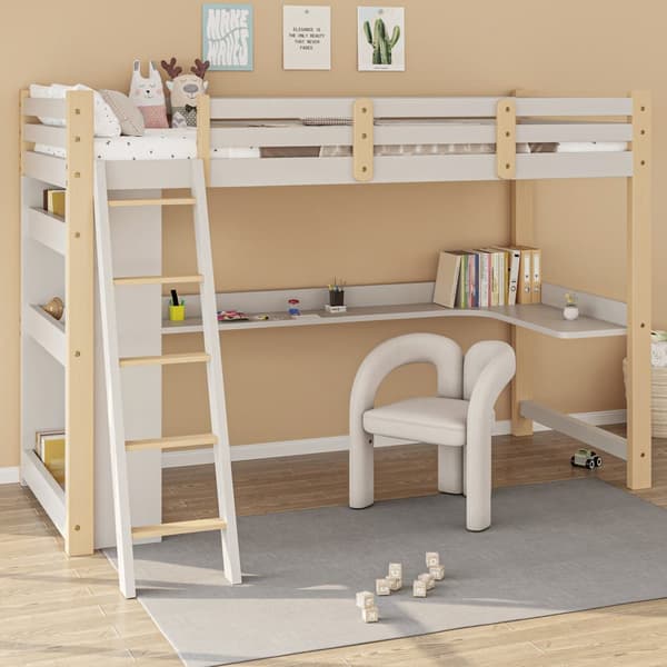 Loftsäng barn 90x200 cm i massivträ – vit högsäng med säkerhetsskenor, sned stege, skrivbord & hyllor – multifunktionell familjesäng med ribbotten