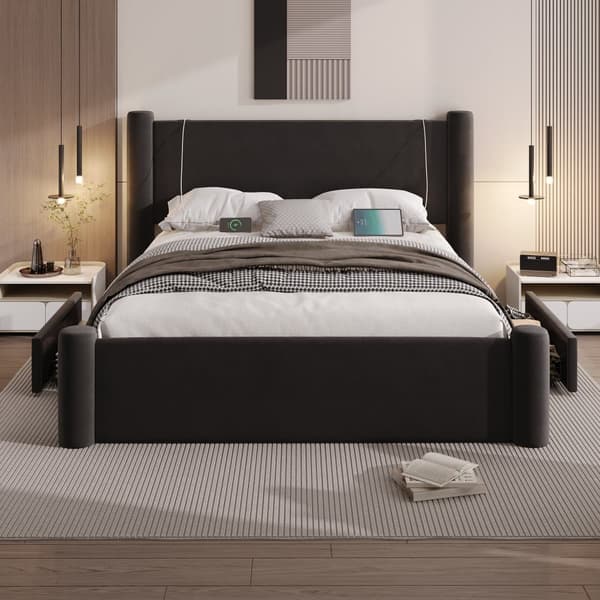 Parivuode 140x200 cm modernilla 3D-muotoilulla, pehmustettu sängynpääty, USB-portit ja 2 säilytyslaatikkoa