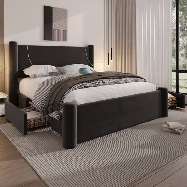 Dubbelsäng 160x200 cm i svart sammet – Sängstomme med modern 3D-design, vadderad sänggavel, USB-portar och 2 förvaringslådor