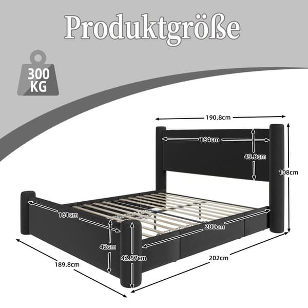 Dubbelsäng 160x200 cm i svart sammet – Sängstomme med modern 3D-design, vadderad sänggavel, USB-portar och 2 förvaringslådor