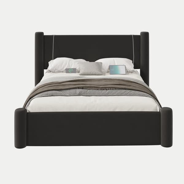 Dubbelsäng 160x200 cm i svart sammet – Sängstomme med modern 3D-design, vadderad sänggavel, USB-portar och 2 förvaringslådor