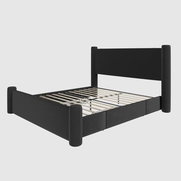 Dubbelsäng 160x200 cm i svart sammet – Sängstomme med modern 3D-design, vadderad sänggavel, USB-portar och 2 förvaringslådor