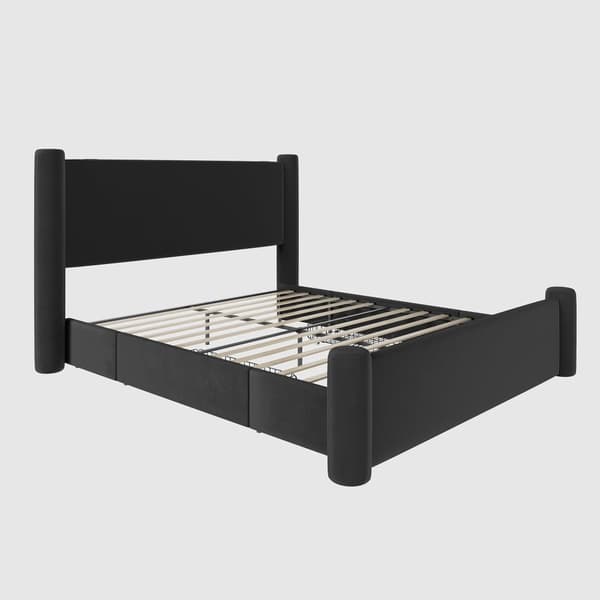 Dubbelsäng 160x200 cm i svart sammet – Sängstomme med modern 3D-design, vadderad sänggavel, USB-portar och 2 förvaringslådor