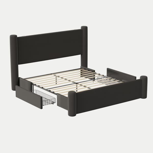 Dubbelsäng 160x200 cm i svart sammet – Sängstomme med modern 3D-design, vadderad sänggavel, USB-portar och 2 förvaringslådor