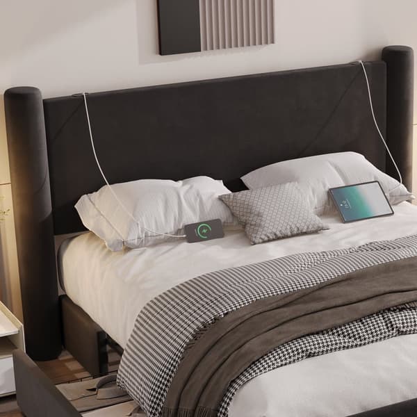 Dubbelsäng 160x200 cm i svart sammet – Sängstomme med modern 3D-design, vadderad sänggavel, USB-portar och 2 förvaringslådor