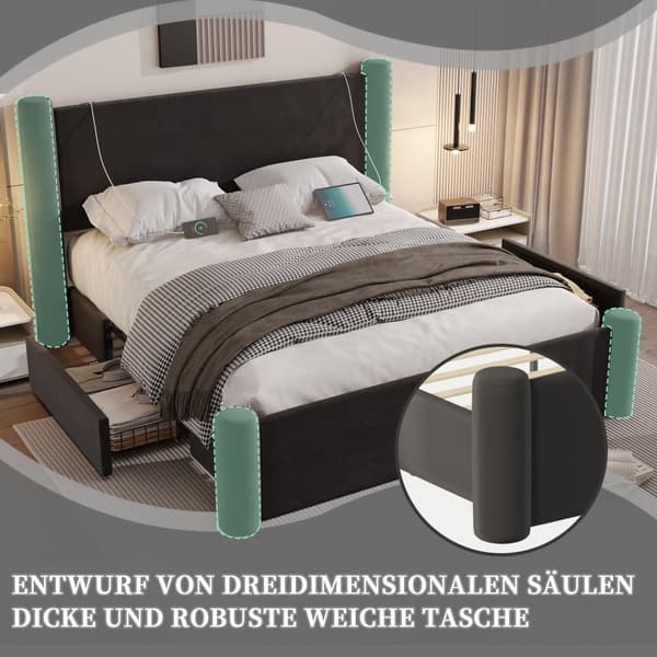 Dubbelsäng 160x200 cm i svart sammet – Sängstomme med modern 3D-design, vadderad sänggavel, USB-portar och 2 förvaringslådor
