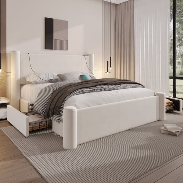 160x200 cm sengeramme med moderne design, 3D-tætningsdesign, tyk polstret sengegavl, 2 opbevaringsbokse og integrerede USB-porte, beige