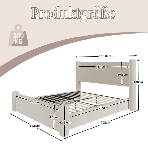 160x200 cm sengeramme med moderne design, 3D-tætningsdesign, tyk polstret sengegavl, 2 opbevaringsbokse og integrerede USB-porte, beige